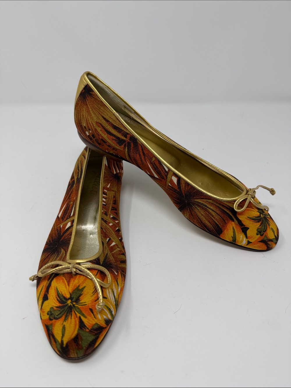 Juliet Made in Italy Leather Sole Floral Gold Trim Ballet Flats
